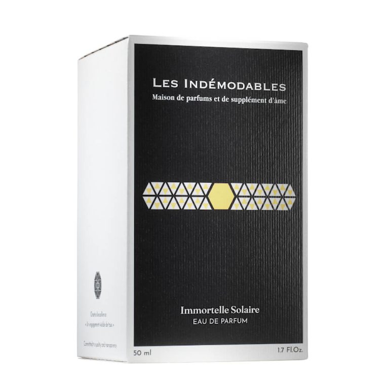 Boîte du parfum Immortelle Solaire 50ml sur fond blanc de la marque Les Indémodables